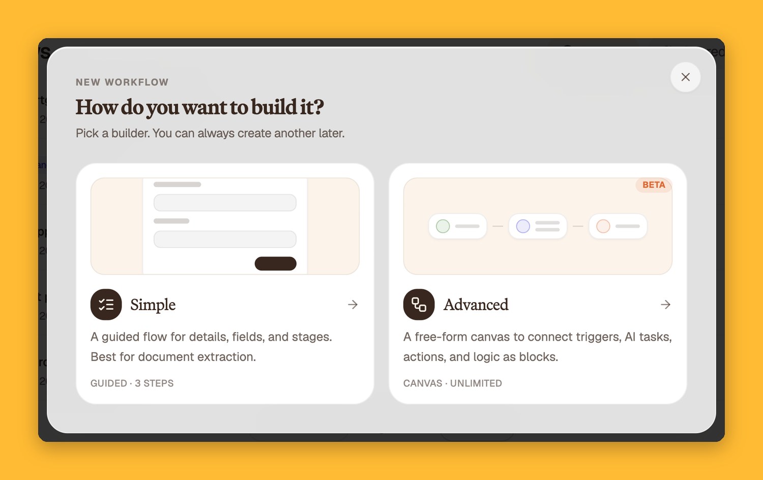 ALK New workflow dialog offering Simple and Advanced builders