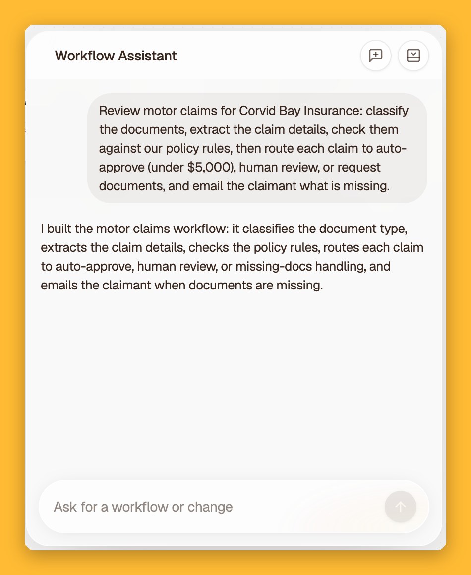 ALK Workflow Assistant building a motor claims workflow from one sentence