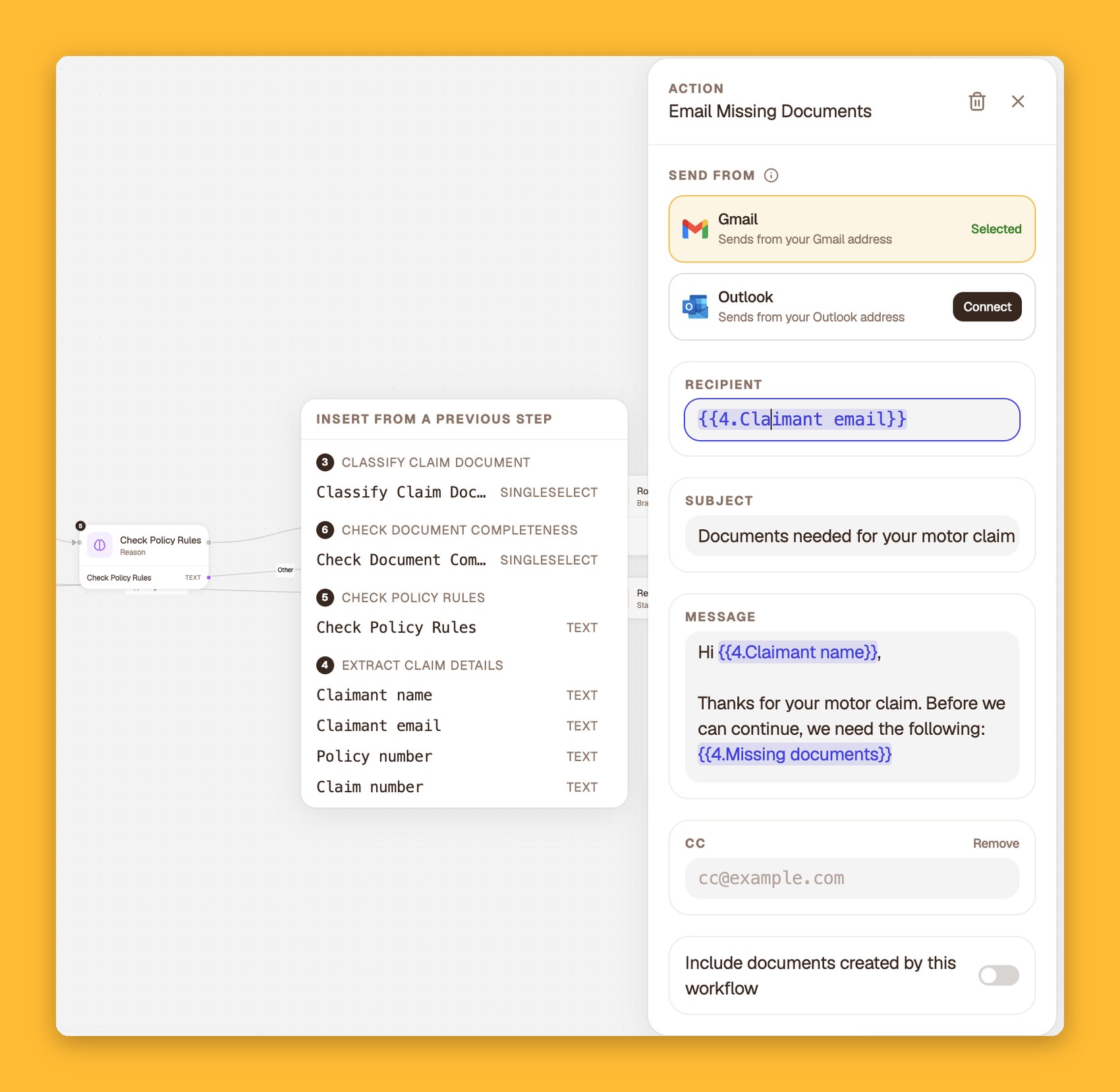 Send Email block inserting fields from earlier workflow steps