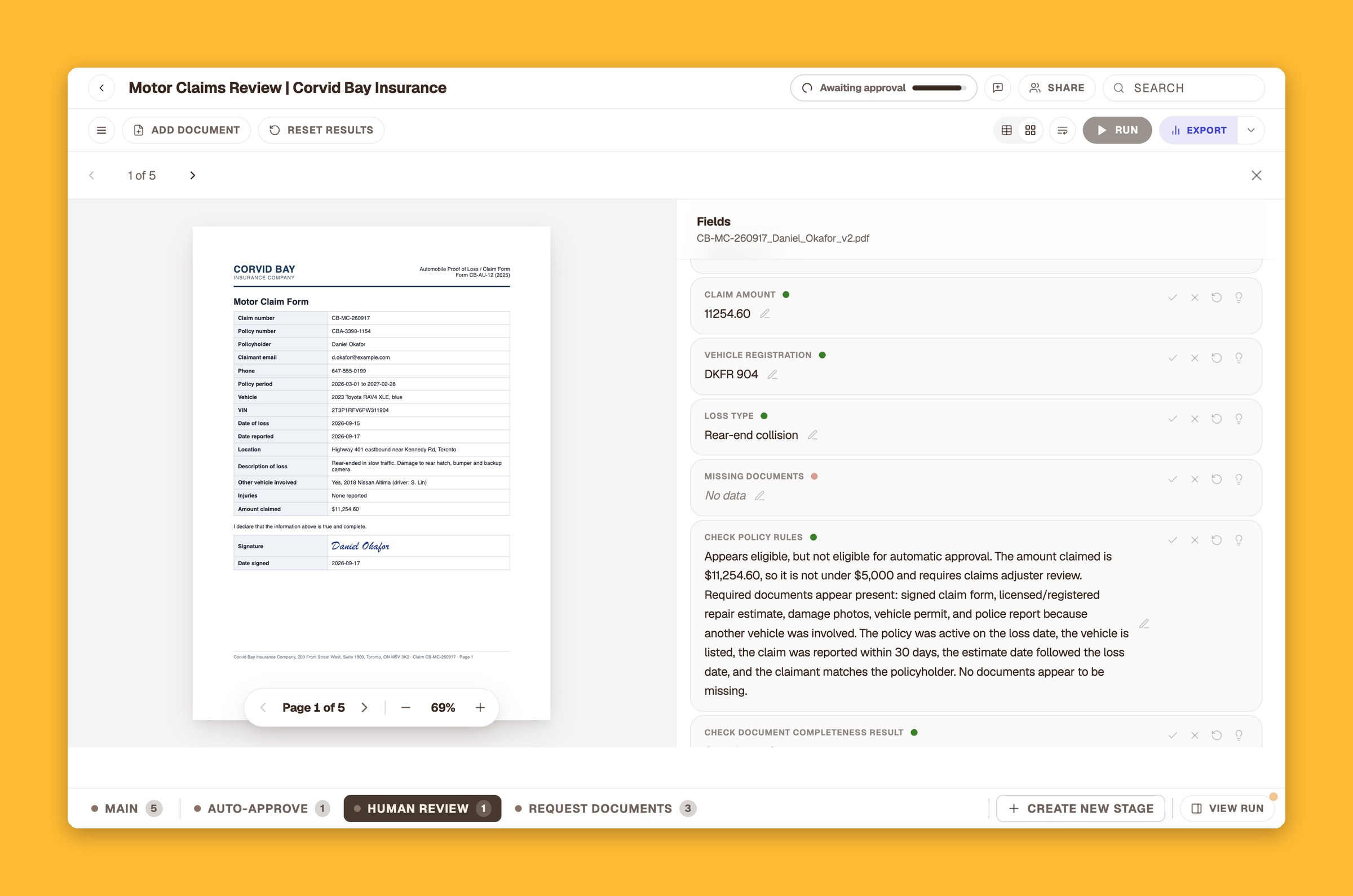 Reviewer view of a claim in the Human Review stage with fields and reasoning
